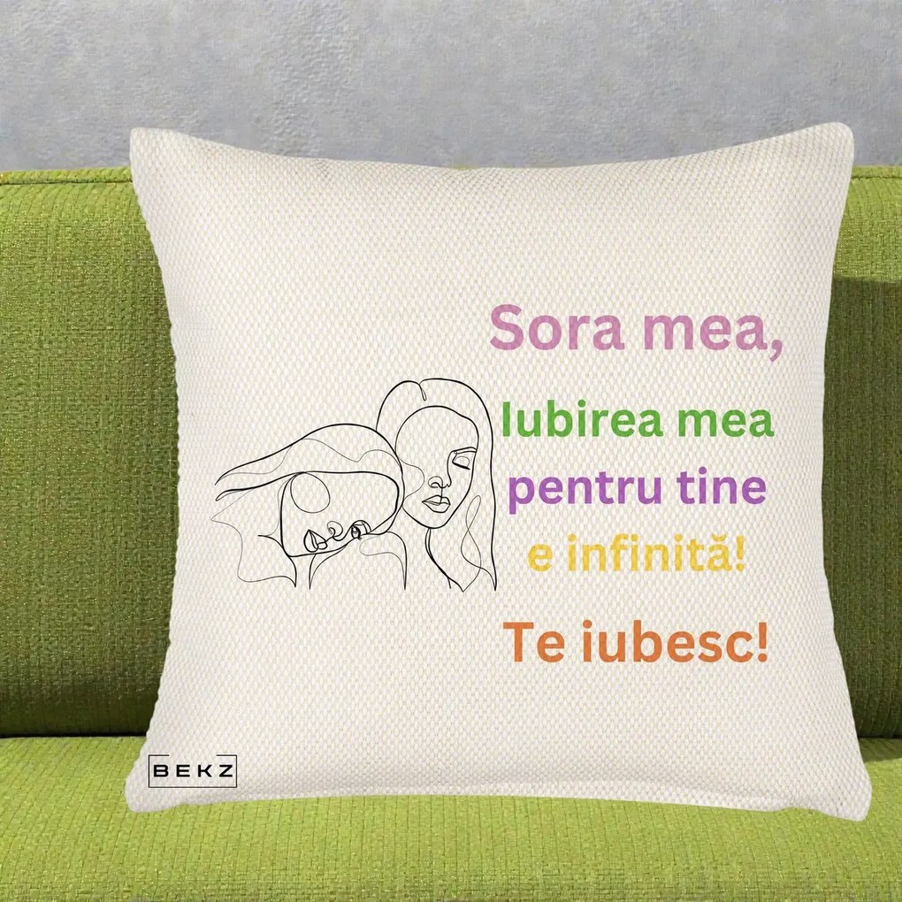 Cadou pentru Sora - Perna Personalizata Sora Mea Te Iubesc Line Art Fete Colorate Brate Ridicate, 40x40 cm, Crem Reliefat, Husa Detasabila, Perna Inclusa, BEKZ®