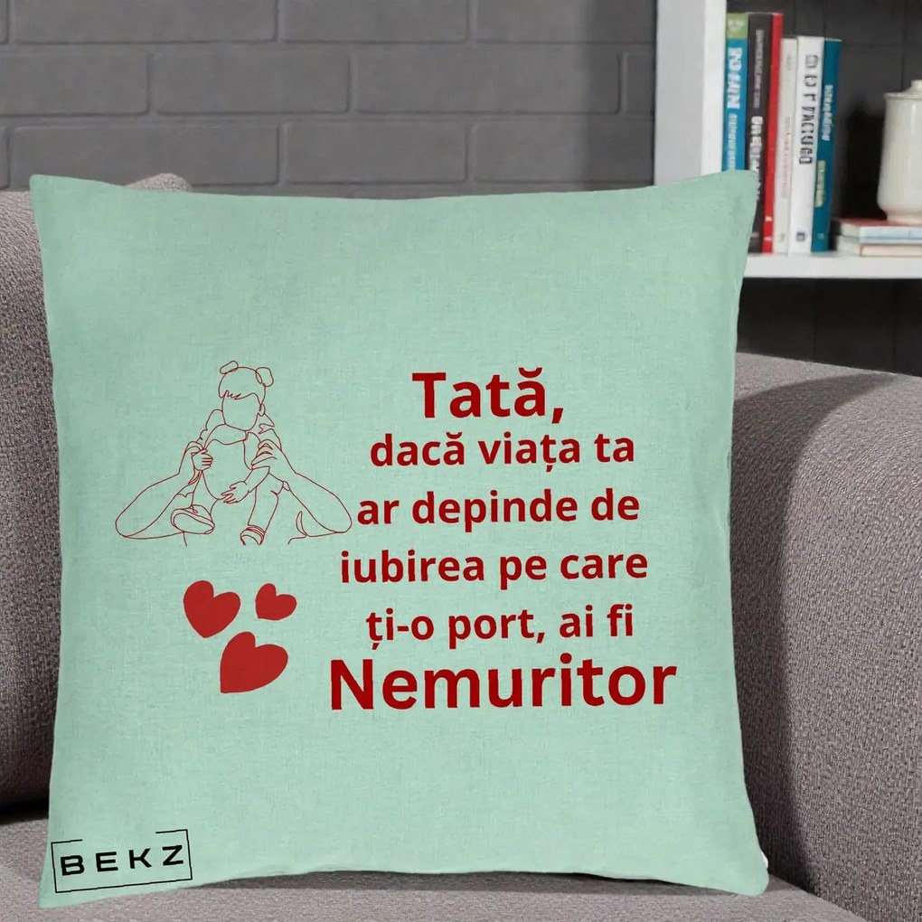 Cadou pentru Tata - Perna Personalizata Tata Nemuritor Mesaj Rosu, 40x40 cm, Verde Menta, Husa Detasabila, Perna Inclusa, BEKZ®