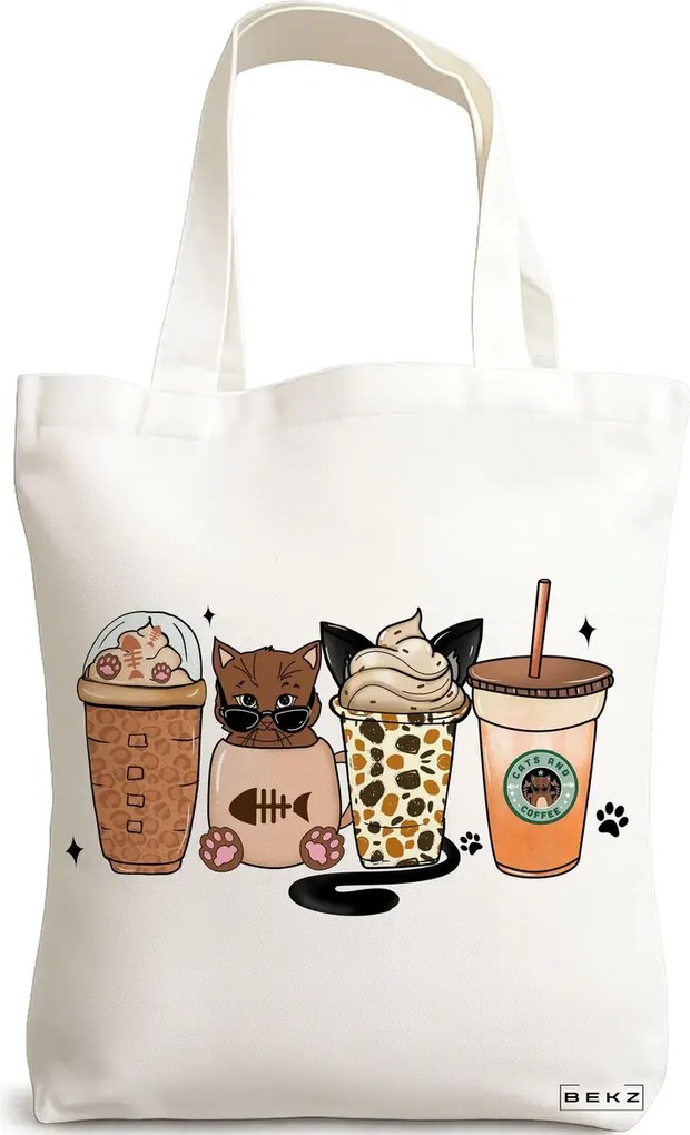 Sacosa de Panza pentru Cumparaturi, Geanta Tote, model Cats and Coffee 2, 38 x 34.5 cm, Alba, BEKZ®