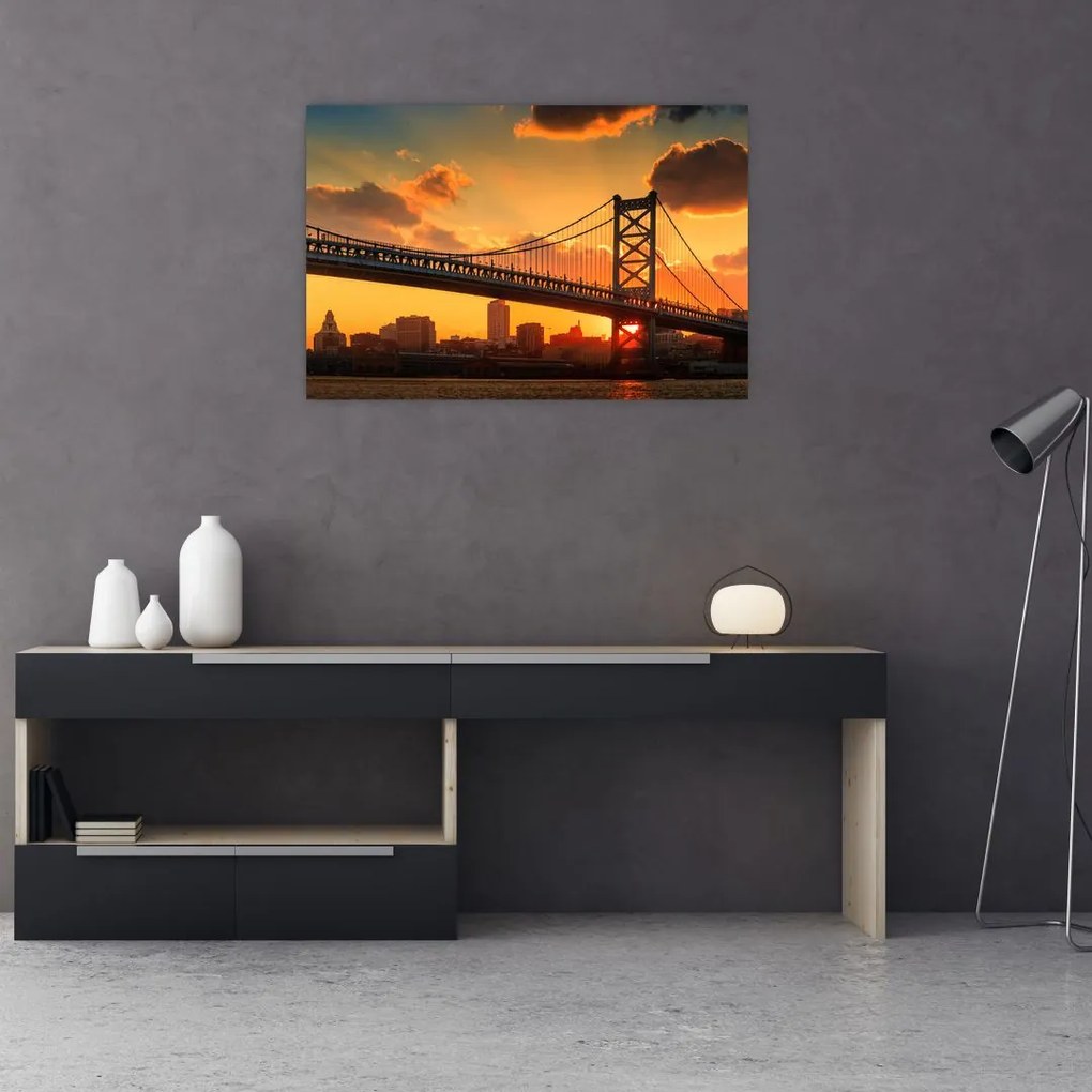 Tablou - Apus de soare peste Podul Ben Franklin, Philadelphia (90x60 cm)