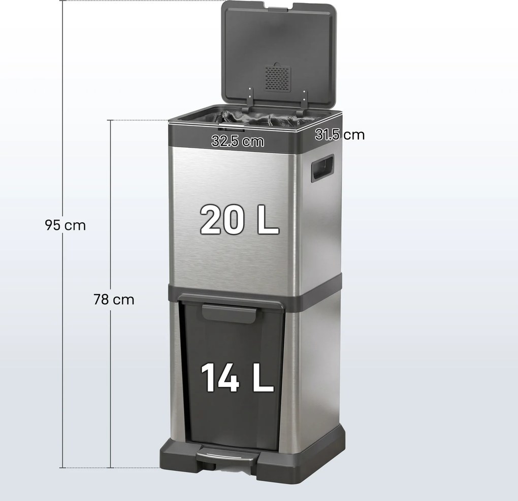 HOMCOM Coș de gunoi pentru colectare selectivă, 2 compartimente 20+14 L, cu recipiente interioare detașabile, din oțel inoxidabil și PP, argintiu | Aosom Romania
