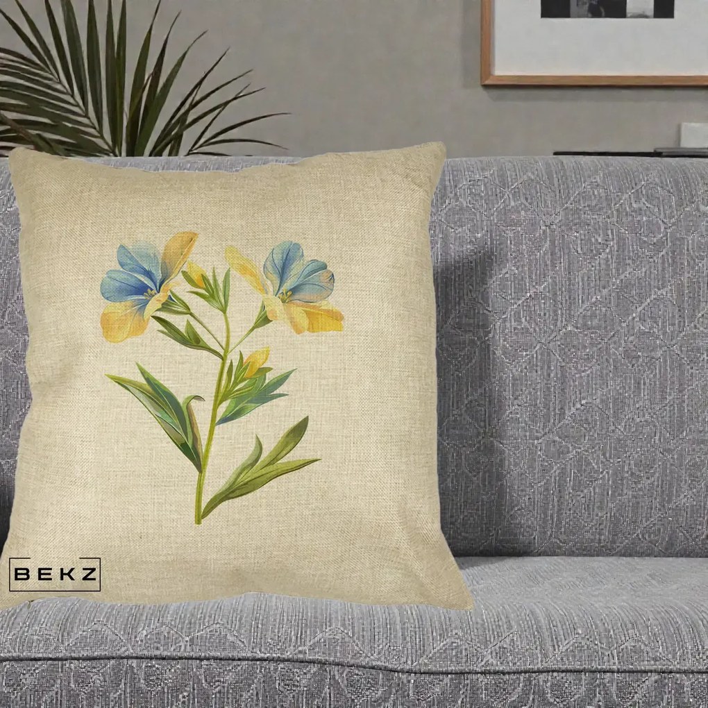 Perna Decorativa Botanica Frezie Galbena si Albastra, 40x40 cm, Crem, Husa Detasabila, Perna Inclusa, BEKZ®
