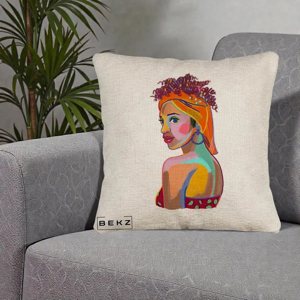 Perna decorativa Portret Femeie Colorat Pop Art, 40x40 cm cu Umplutura, Bej Canapea, BEKZ