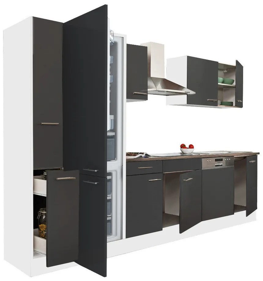 Mobilă de bucătărie Yorki 310, corp alb, față antracit satinat, frigider cu congelator inferior