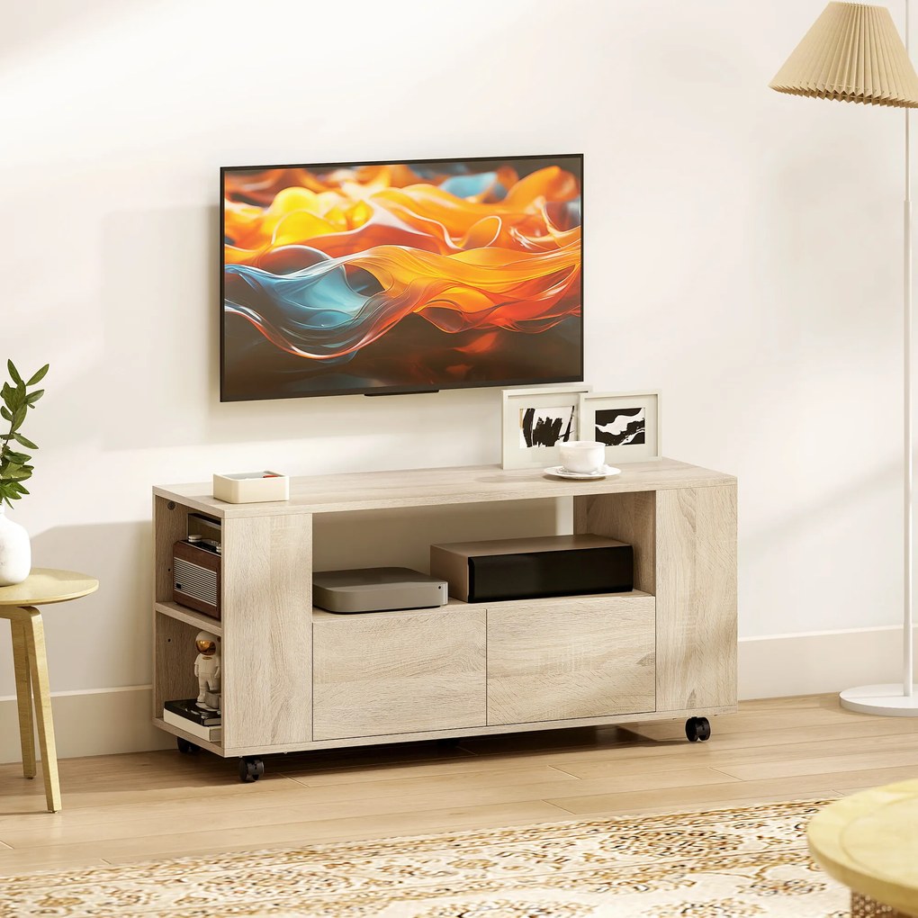 HOMCOM Suport pentru TV de 42" cu Roți Pivotante și Frână, Rafturi Ajustabile și Sertare, 102x34.5x48.5 cm, Lemn | Aosom Romania