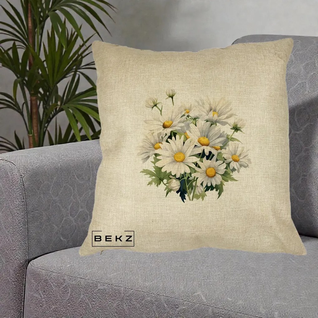Perna Decorativa Buchet Margarete Albe Acuarela, 40x40 cm, Crem, Husa Detasabila, Perna Inclusa, BEKZ®
