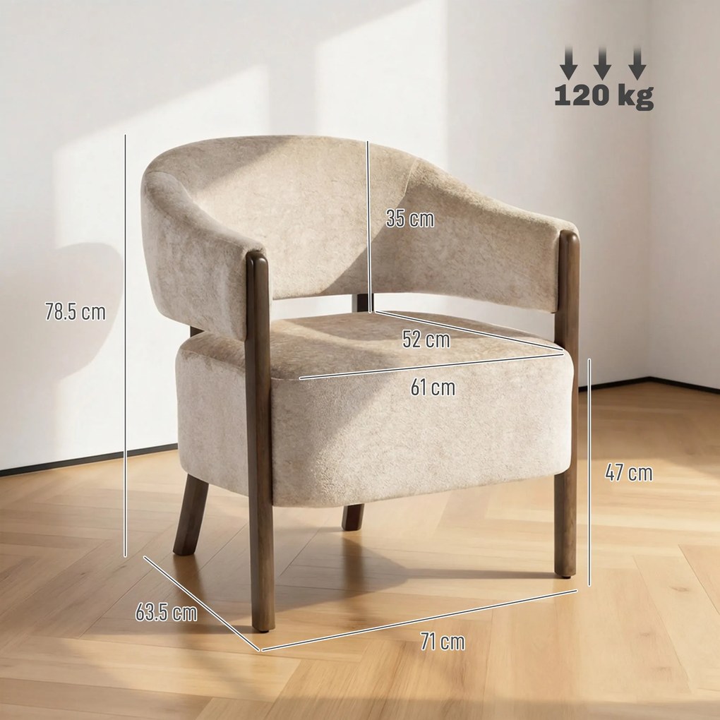 HOMCOM Fotoliu Elegante Tapițat cu Catifea Chenille și Cadru din Lemn Masiv, Fotoliu Modern pentru Living și Dormitor, Bej | Aosom Romania