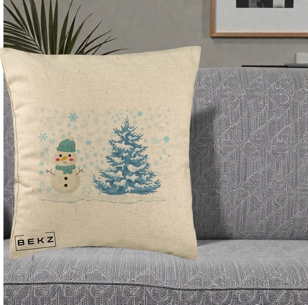 Perna Decorativa Om de Zapada si Brad Craciun, 40x40 cm, Bej, Husa Detasabila, Perna Inclusa, BEKZ®