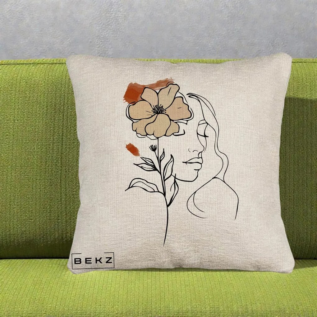 Perna Decorativa Portret Feminin Floare Bej Terracotta, 40x40 cm, Bej Canapea, Husa Detasabila, Perna Inclusa, BEKZ®