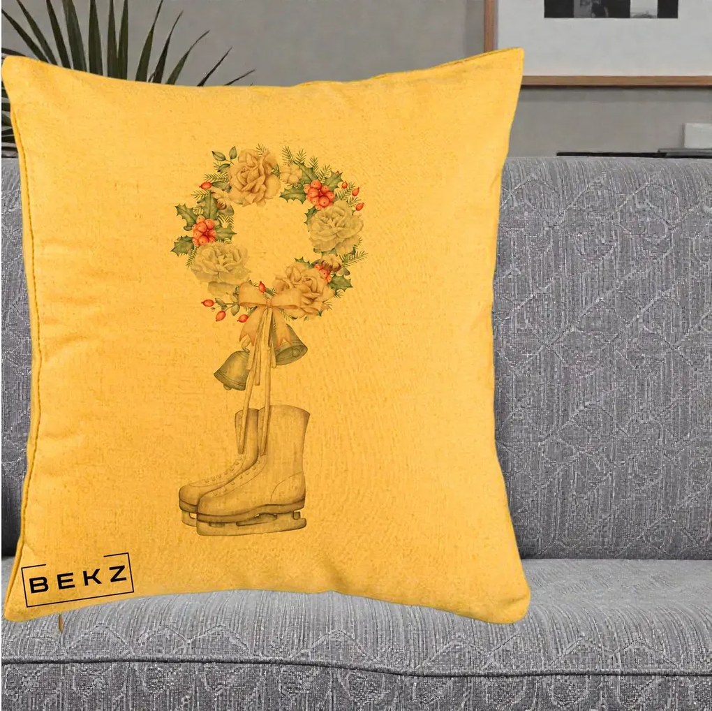 Perna Decorativa Patine cu Coroana Florala de Craciun, 40x40 cm, Galben, Husa Detasabila, Perna Inclusa, BEKZ®
