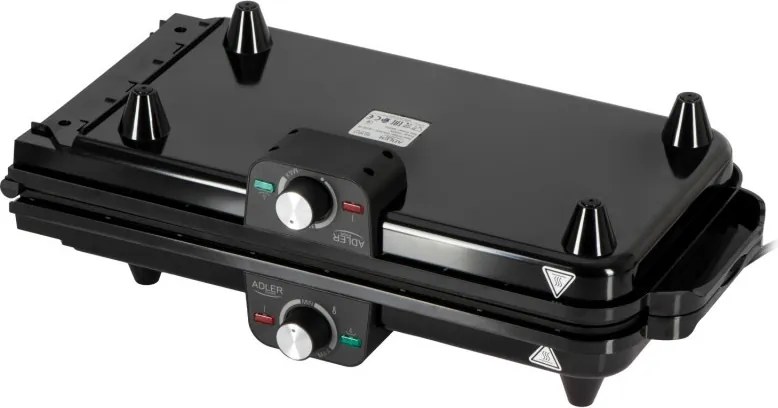 Grătar electric dublu pliabil Adler AD 6617, 3000 W, deschidere la 180°, 96 x 26 cm, plăci antiaderente, 2 termostate, tavă pentru grăsime, negru