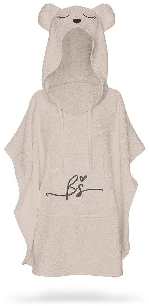 Prosop din fibra de bambus cu gluga si buzunar pentru bebelusi si copii, Poncho Teddy, Beige, 73x58 cm
