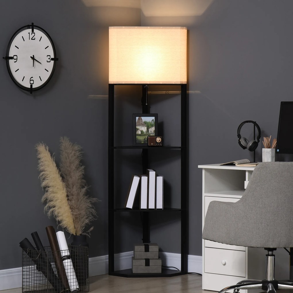 Lampa de podea de colt cu 3 rafturi si abajur din material textil, pentru bec E27, pentru sufragerie 50x37x159cm, negru alb HOMCOM | Aosom RO