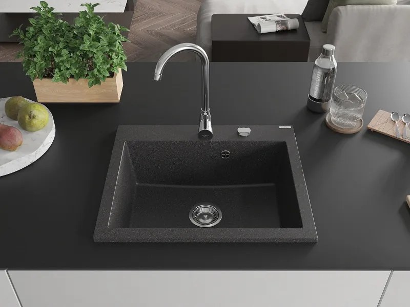 Mexen Elix chiuvetă de bucătărie din granit, 1 compartiment, 600 x 500 mm, negru cu pete, sifon crom - 6525601005-76