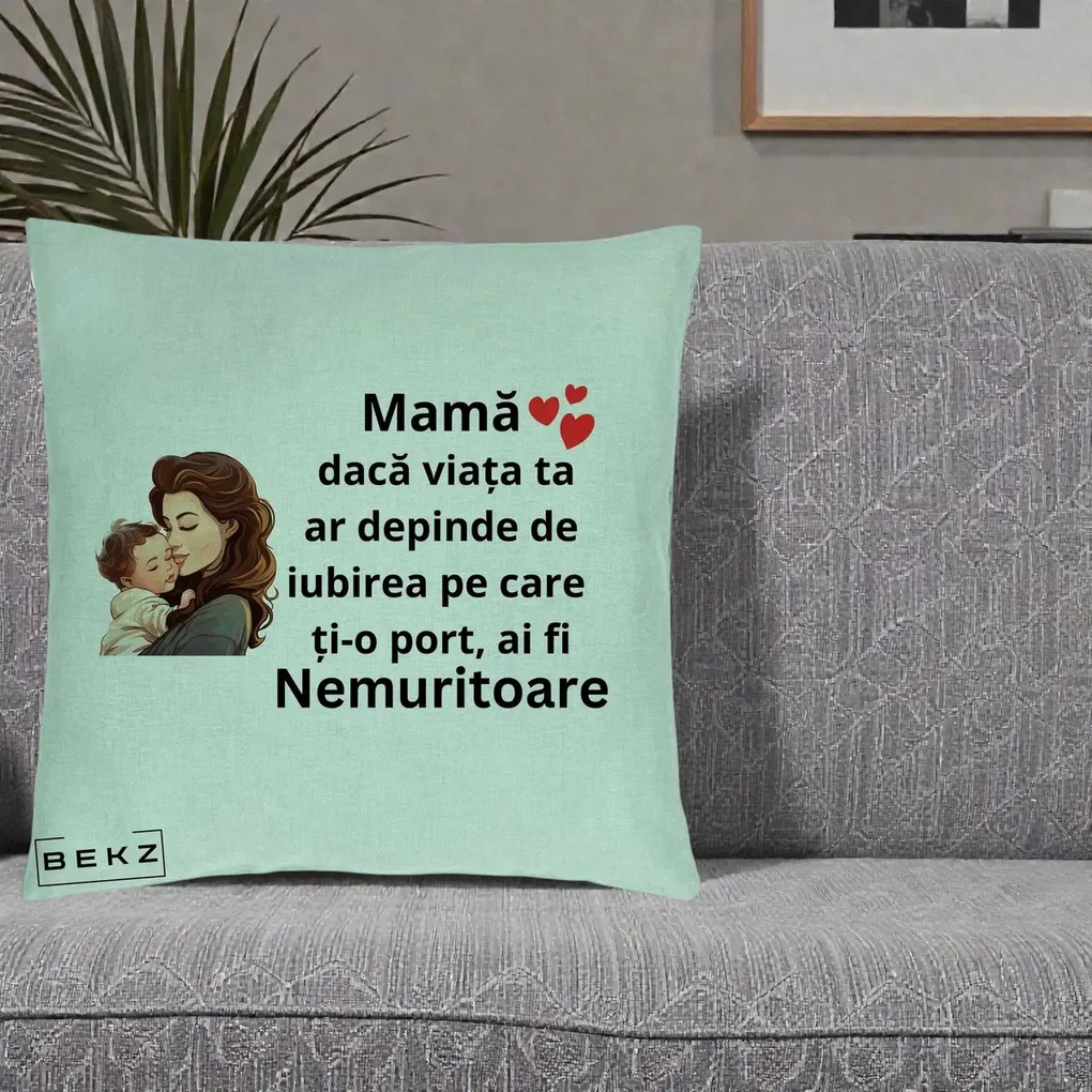 Cadou pentru Mama - Perna Personalizata Mama Nemuritoare cu Bebelus Lineart, 40x40 cm, Verde Menta, Husa Detasabila, Perna Inclusa, BEKZ®