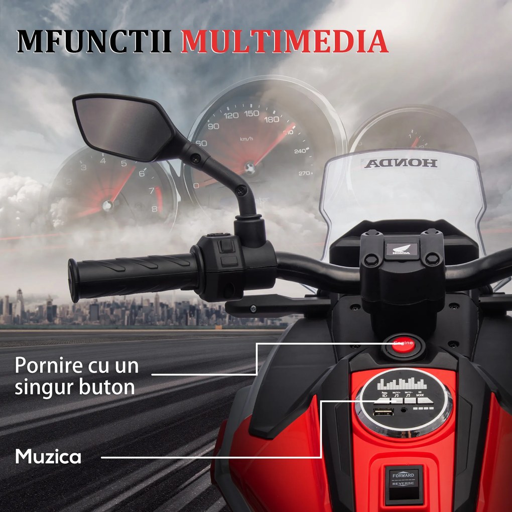 AIYAPLAY Motocicletă Electrică pentru Copii 3-6 ani, Motocilcetă cu Faruri, Muzică și Roți, Motocicletă de Jucărie din PP și Metal, 107x46x75 cm, Roșu