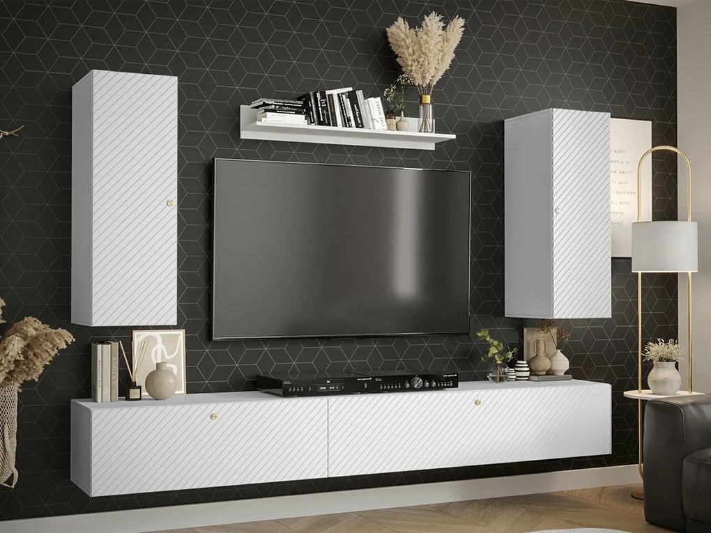 Camera de zi Hartford H115Alb, Cu comodă tv, Cu componente suplimentare, Părți separate, PAL laminat, MDF, 250x40cm, 40 kg