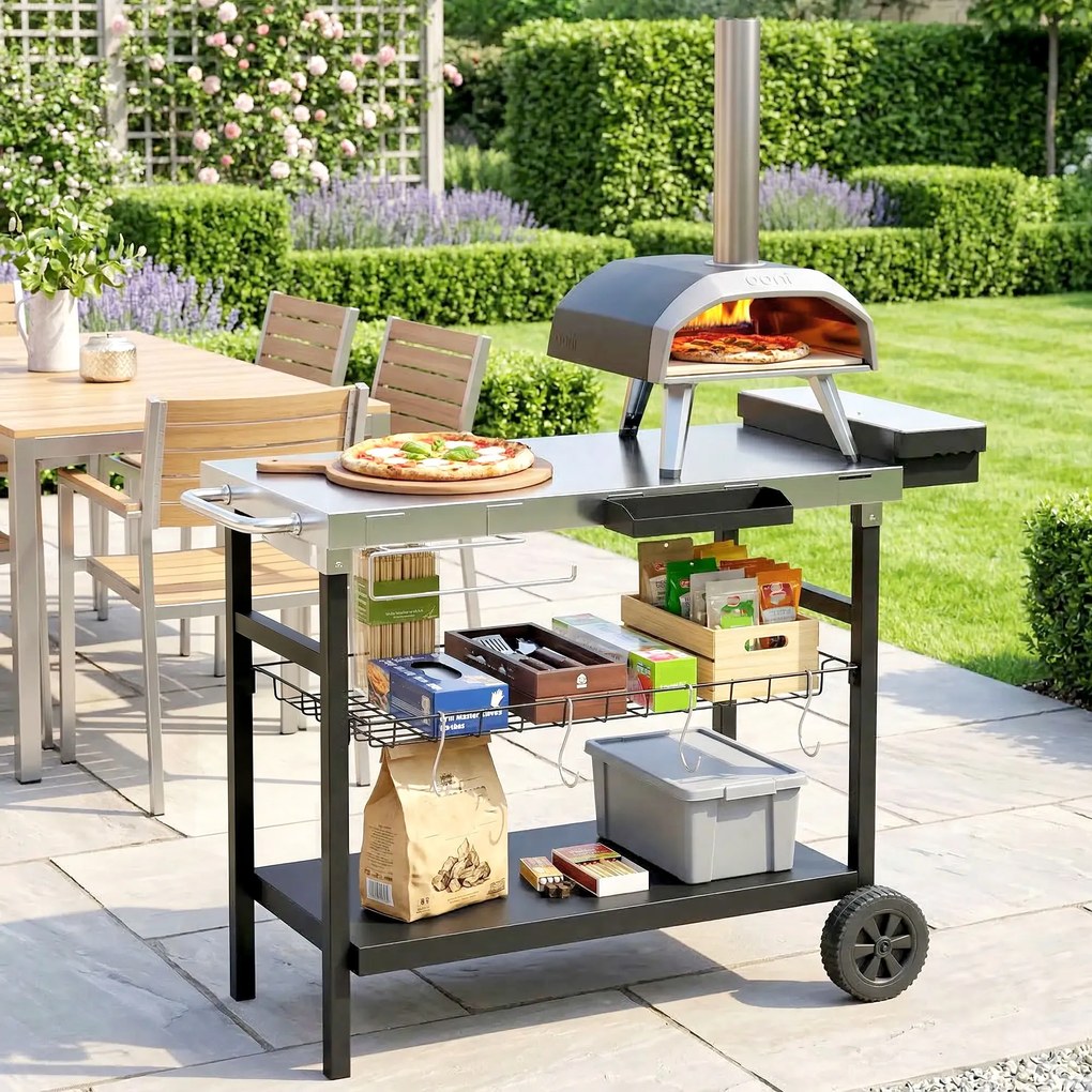 Outsunny Cărucior de grădină cu 3 niveluri, blat din inox, roți, cârlige, coș detașabil, mâner lateral, 114x61x81 cm, negru | Aosom Romania