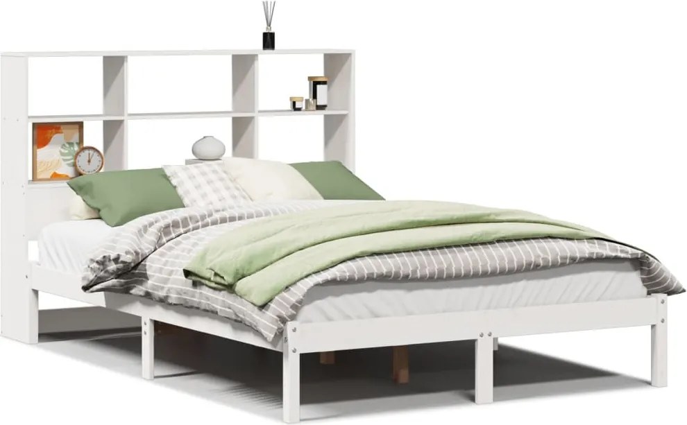 vidaXL Pat cu bibliotecă fără saltea, alb, 140x190 cm, lemn masiv pin