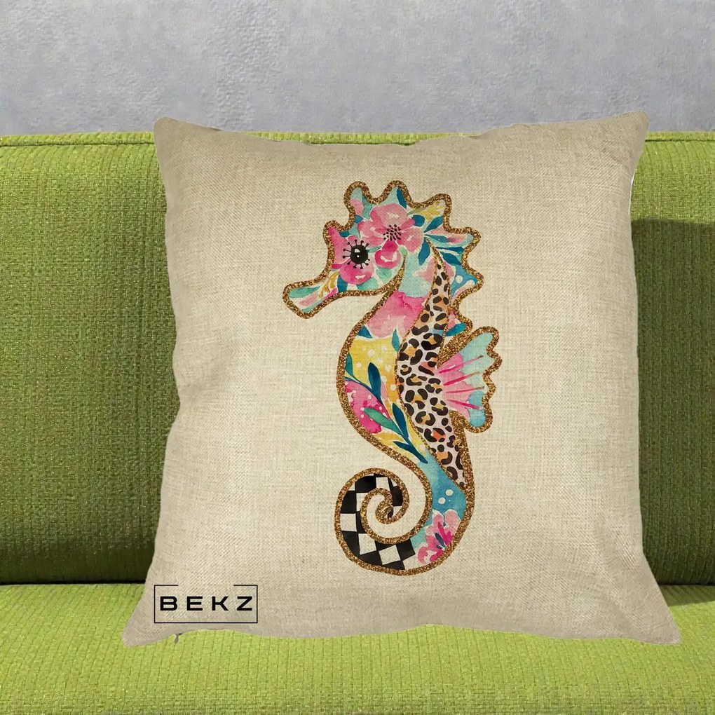 Perna Decorativa Calut de Mare Glitter Tropical, 40x40 cm, Crem, Husa Detasabila, Perna Inclusa, BEKZ®