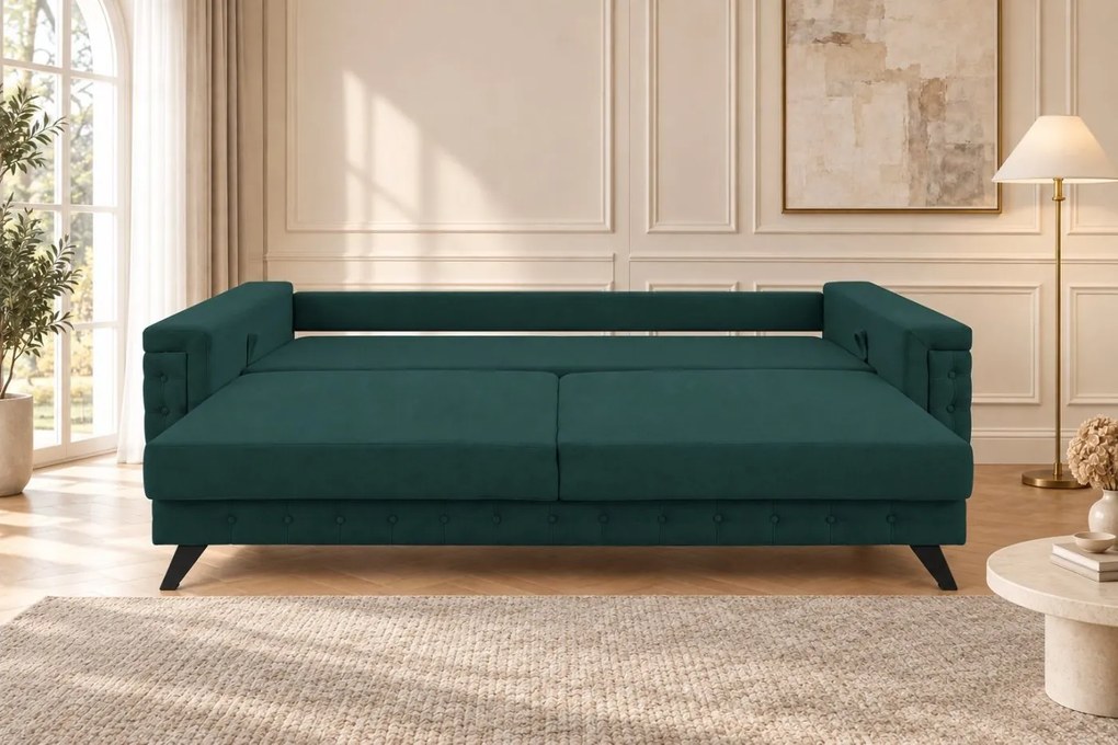 Canapea extensibilă Rosalia din stofă, verde, picioare negre, cu ladă de depozitare