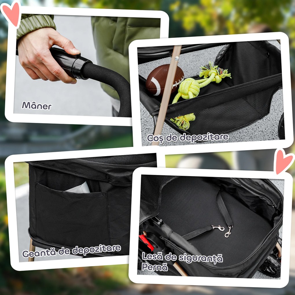 PawHut Cărucior pentru Animale de Companie 3 în 1 cu 4 Roți și Geantă de Transport Detașabilă, 76x50x102 cm, Negru | Aosom Romania