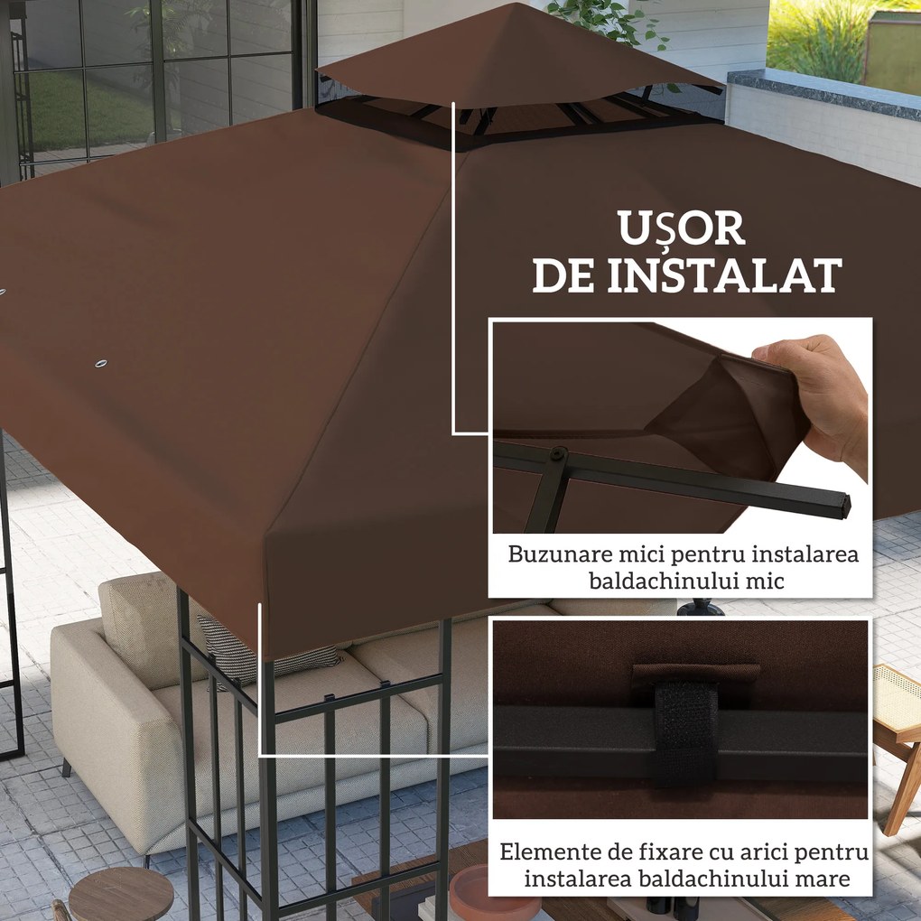 Outsunny Acoperiș de Schimb pentru Foișor 3x3 m cu 2 Niveluri pentru Grădină, Copertină Rezistentă la Apă din Țesătură Oxford 370g/㎡ Anti-UV 30+ cu Orificii de Drenaj, Cafeniu | Aosom Romania
