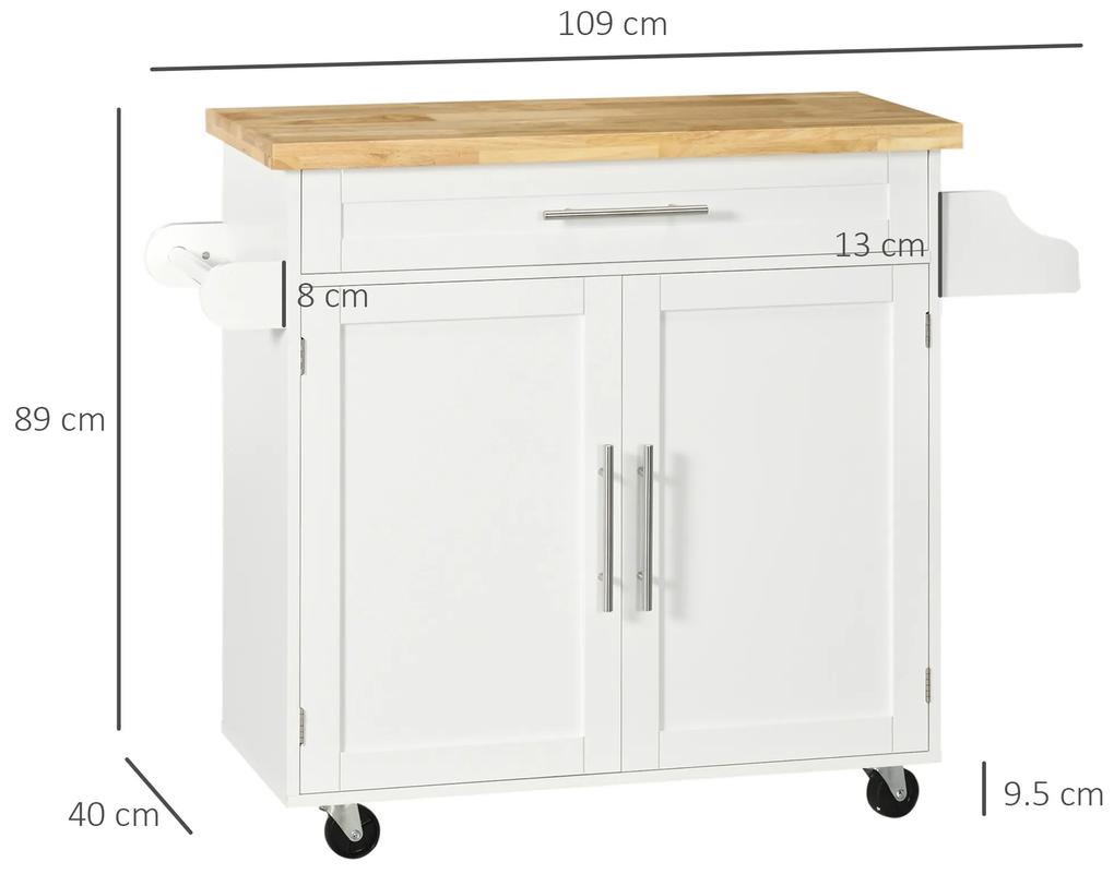 Carucior de bucatarie cu sertar și dulap, 4 roti din care 2 cu frana, lemn, 109x40x89cm, alb HOMCOM | Aosom RO