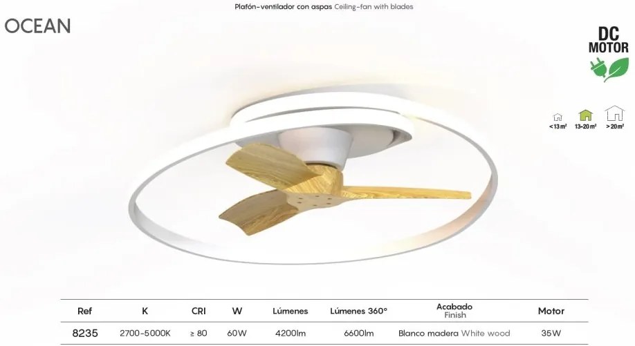 Lustra LED cu Ventilator si telecomanda OCEAN alb/lemn