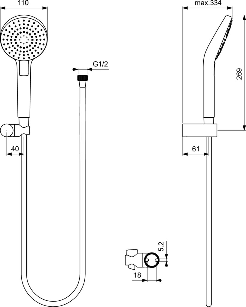 Set de dus Ideal Standard IdealRain Evo Round, 110 mm, 3 jeturi, furtun 1.75 m, suport pivotant, crom - B2239AA