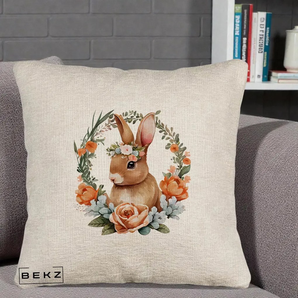 Perna Decorativa Iepuras Floral Coronita Acuarela, 40x40 cm, Bej Canapea, Husa Detasabila, Perna Inclusa, BEKZ®