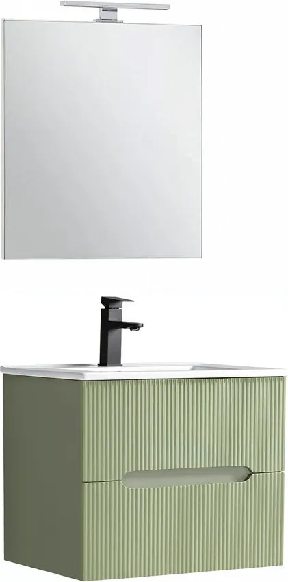 Trent mobilier de baie 60 cm chiuvetă ceramică (2 sertare) cu oglindă 60x80 cm verde măslin verde-pistachio