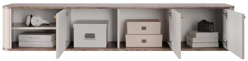 Comodă TV suspendată Vesper 187 cm cu trei uși - casmir / nuc / mânere aurii