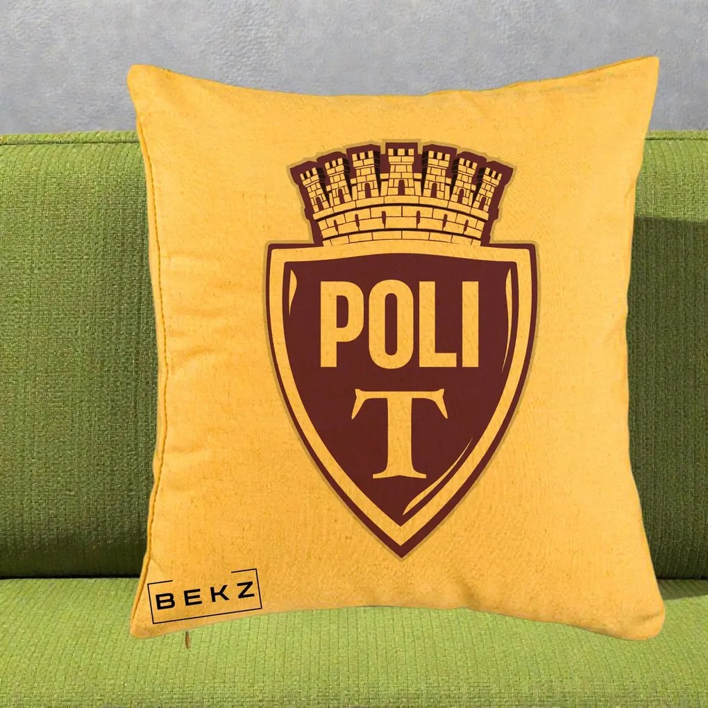 Perna Personalizata Poli Timisoara Fotbal, 40x40 cm, Galben, Husa Detasabila, Perna Inclusa, BEKZ®
