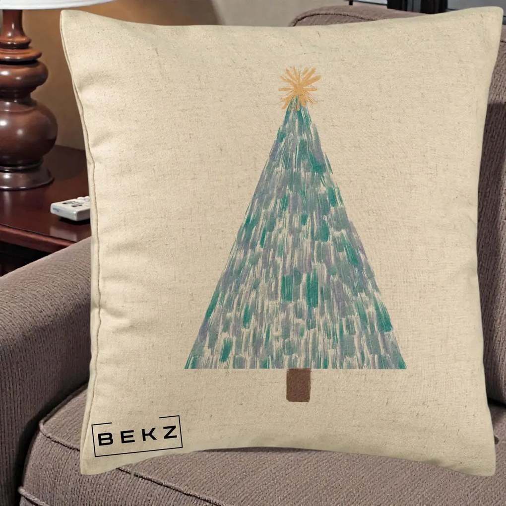 Perna Decorativa Brad de Craciun Acrilic Albastru, 40x40 cm, Bej, Husa Detasabila, Perna Inclusa, BEKZ®