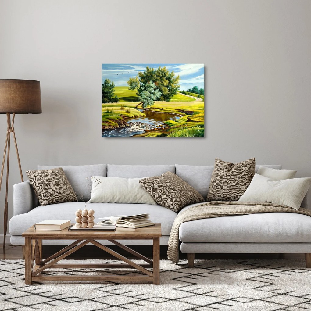 Tablou pe sticlă - Râu între câmpii, pictură în ulei (70x50 cm)
