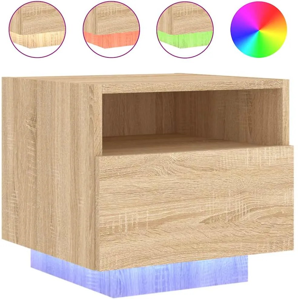 vidaXL Noptieră cu lumini LED, stejar sonoma, 40x39x37 cm