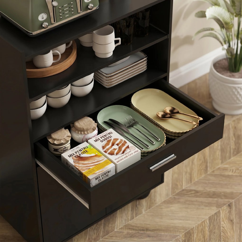 HOMCOM Dulap pentru Cuptorul cu Microunde cu Roți, Bufet de Bucătărie cu Sertar, Blat pentru Aparate, Dulap cu 2 Uși, Raft Retractabil și Raft Deschis, Cărucior de Bucătărie pentru Sufragerie, 59x40x92cm, Negru | Aosom Romania