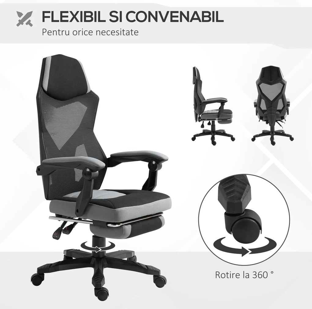 Vinsetto Scaun de Birou Ergonomic Reclinabil cu Suport Picioare Retractabil, Gri | Aosom Romania