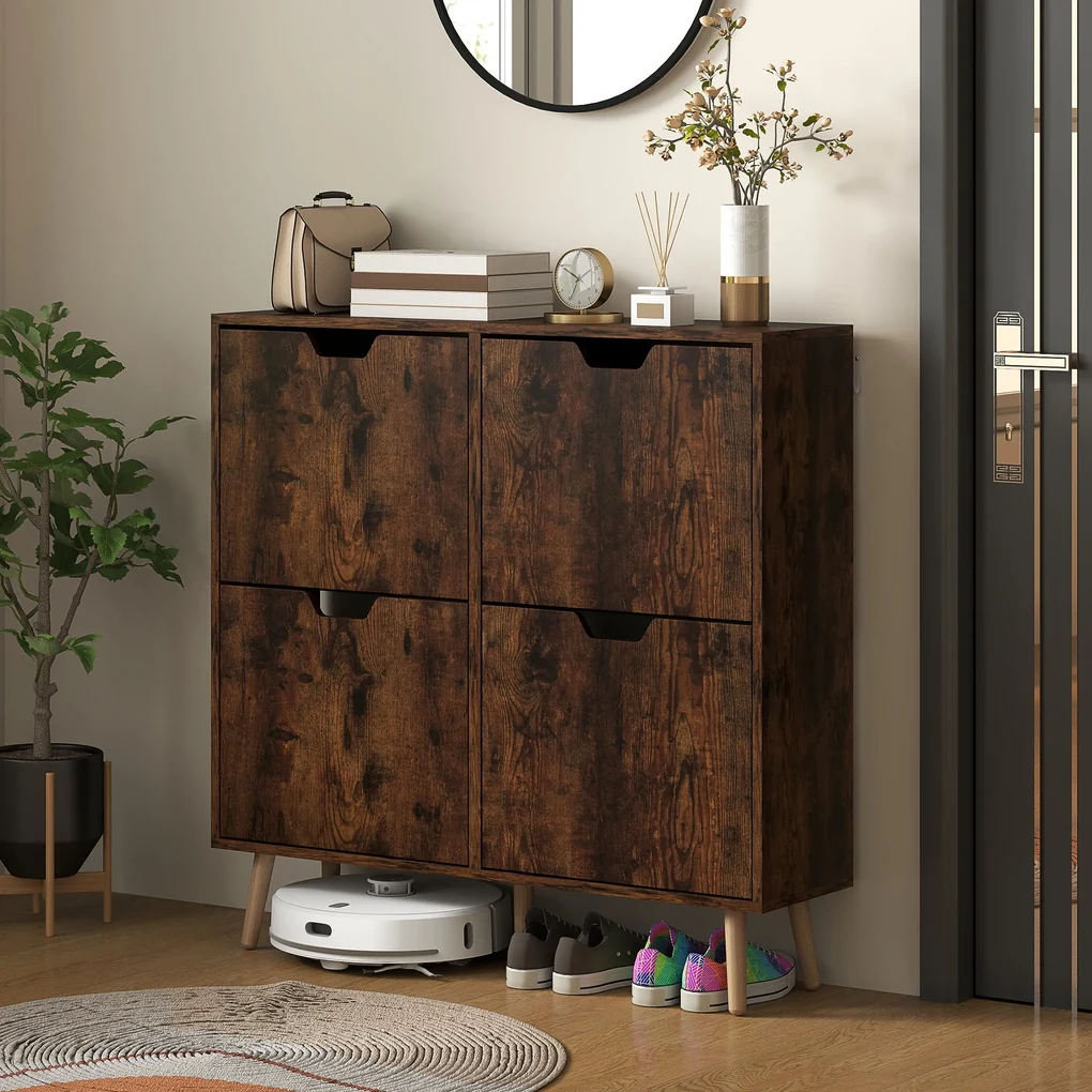 HOMCOM Pantofar cu 4 Sertare Rabatabile pe 2 Niveluri pentru 16 Perechi de Pantofi, 95x26x95 cm, Maro | Aosom Romania