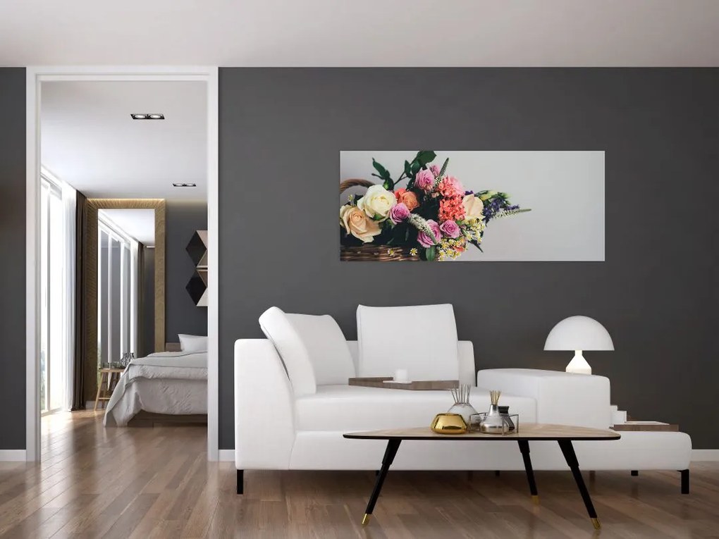 Tablou cu coș și flori (120x50 cm)