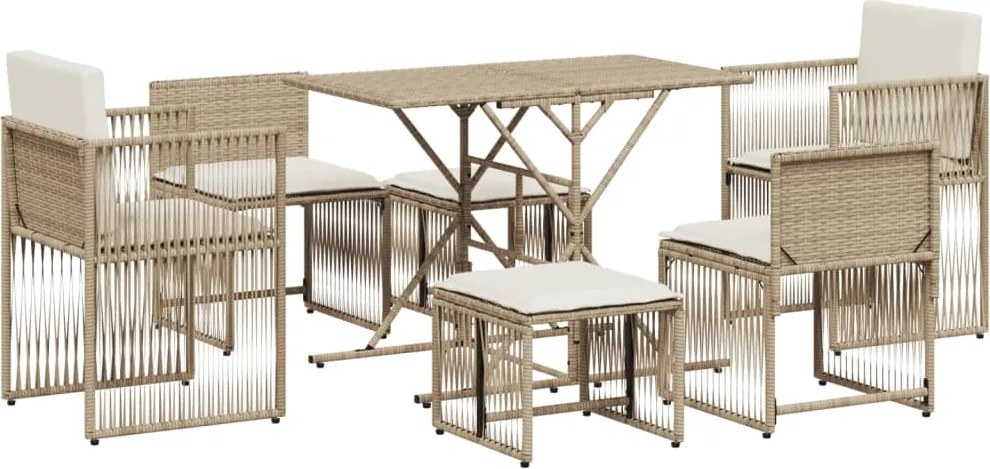 vidaXL Set de masă pentru grădină, 7 piese, cu perne, bej, poliratan