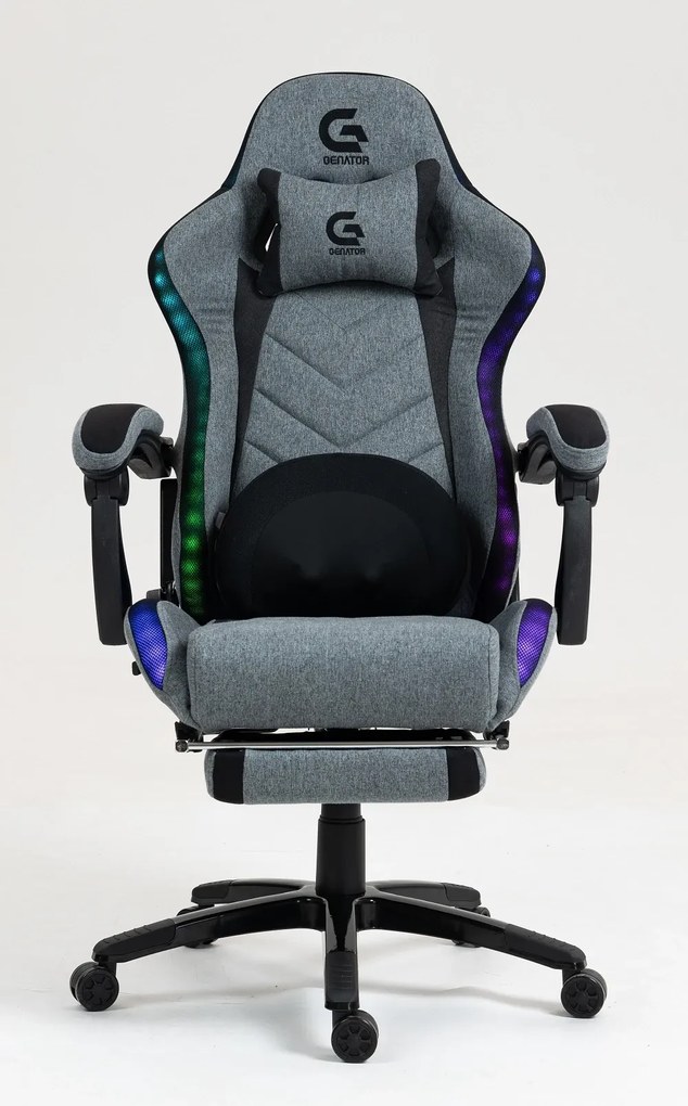 Scaun gaming, Masaj cu Role in perna lombara, Sistem iluminare banda LED RGB, Boxe Bluetooth, funcție șezlong, 90-155 grade, sezut benzi elastice sustinere, suport picioare, Textil, Gri/Negru