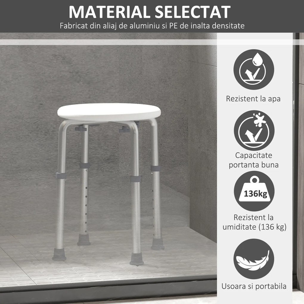 HOMCOM Scaun de Duș pentru Vârstnici cu Înălțime Reglabilă pe 8 Poziții și Picioare Antiderapante, 34.2x34.2x34.8-52.3 cm, Alb | Aosom Romania