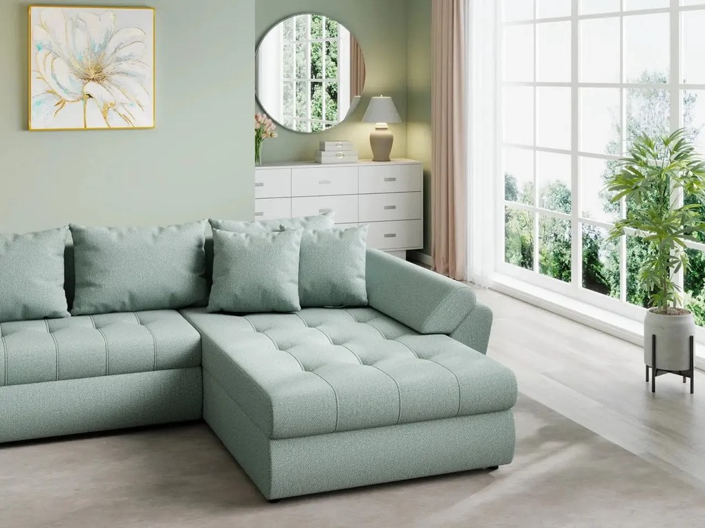 Colțar extensibil dumonde cu ladă de depozitare si sezut confortabil din spuma high-density, Loana U Enjoy Mint 355x185 cm