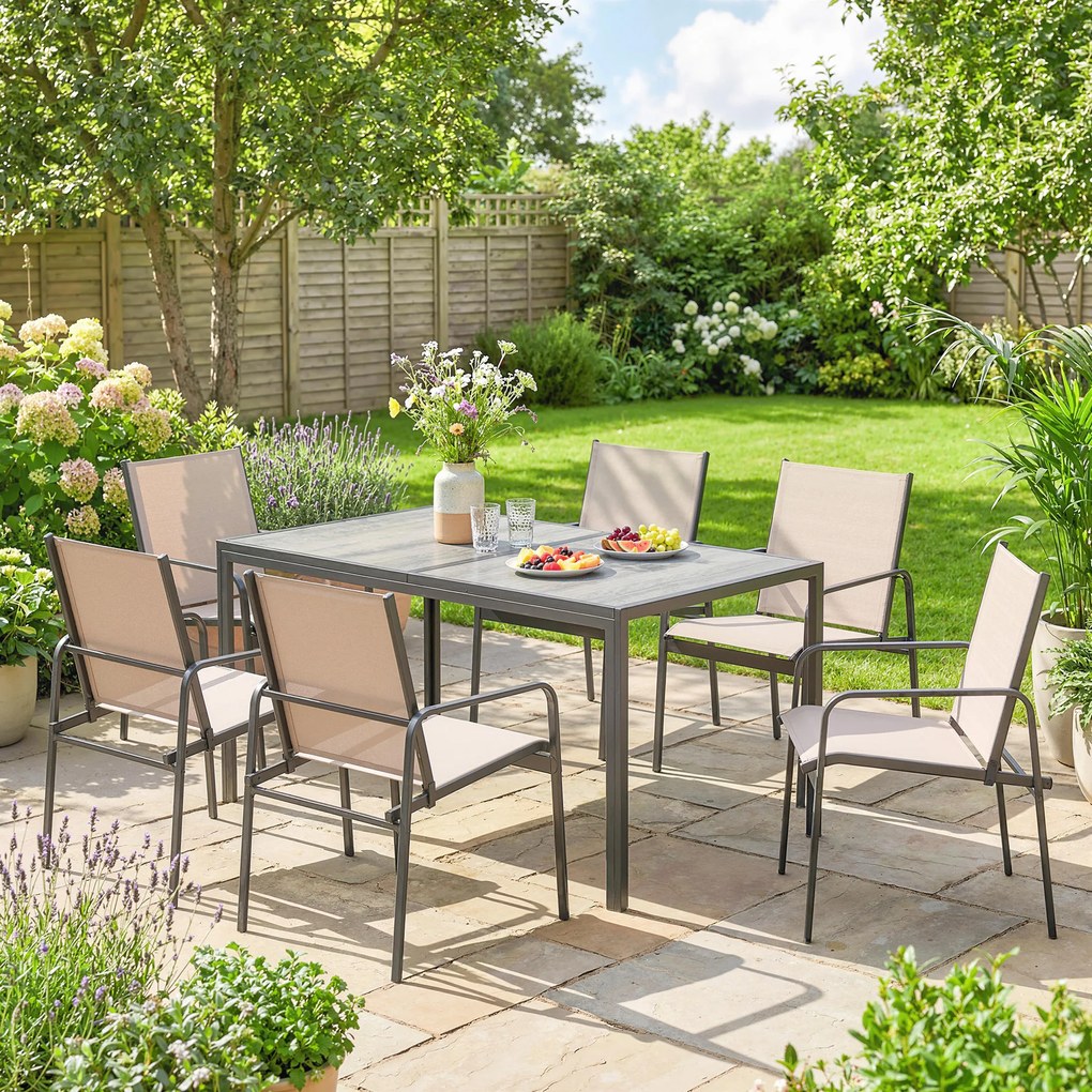 Outsunny Set masă și scaune pentru grădină cu masă cu efect lemn și 6 scaune cu șezut respirabil pentru terasă patio kaki | Aosom Romania