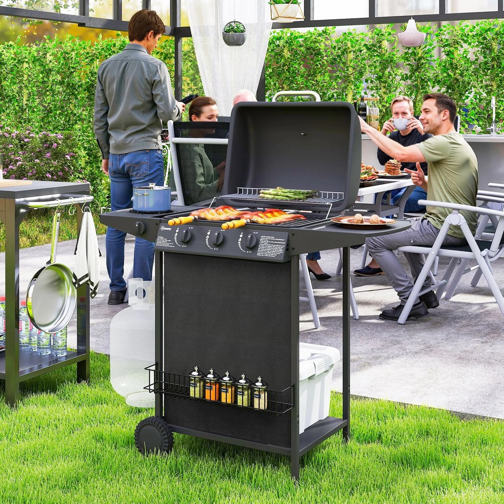 Outsunny Grătar pe Gaz cu Capac, Termometru, Masă Laterală și Tavă pentru Colectarea Grăsimii, 108x54x97 cm, Negru | Aosom Romania