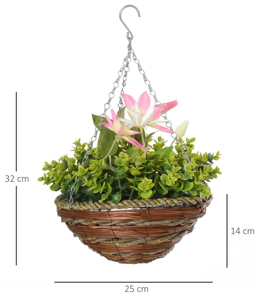 Outsunny Set din 2 plante artificiale clematic, cu cuier si lant pentru agatare, Ф30 x 32 cm, frunze verzi, flori albe si rosii