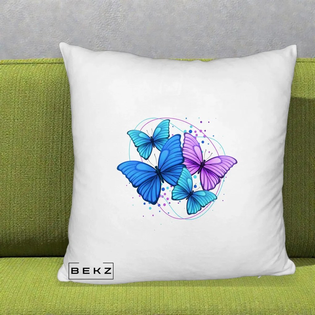 Perna Decorativa Patru Fluturi Turcoaz-Violet, 40x40 cm, Alb Pufos, Husa Detasabila, Perna Inclusa, BEKZ®