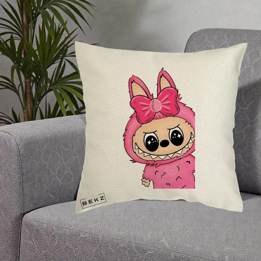 Perna Personalizata Labubu Roz cu Funda, 40x40 cm, Ecru, Husa Detasabila, Perna Inclusa, BEKZ®